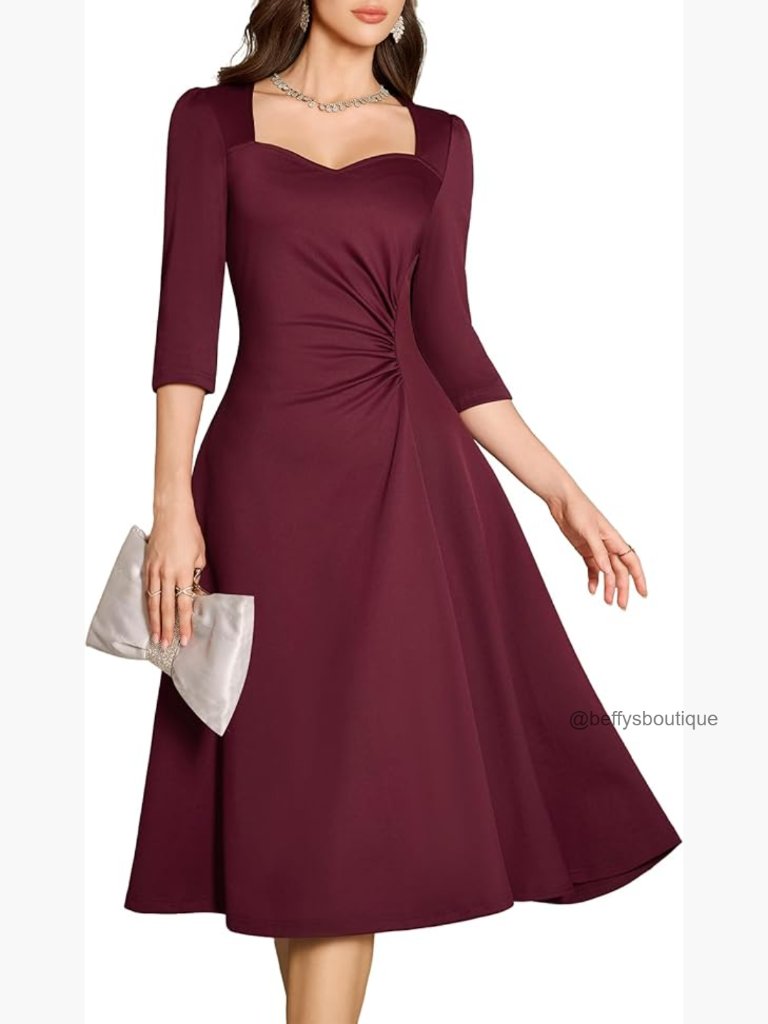 Ruched Waist A Line Midi Dress 3/4 Sleeve Wrap Formal Cocktail